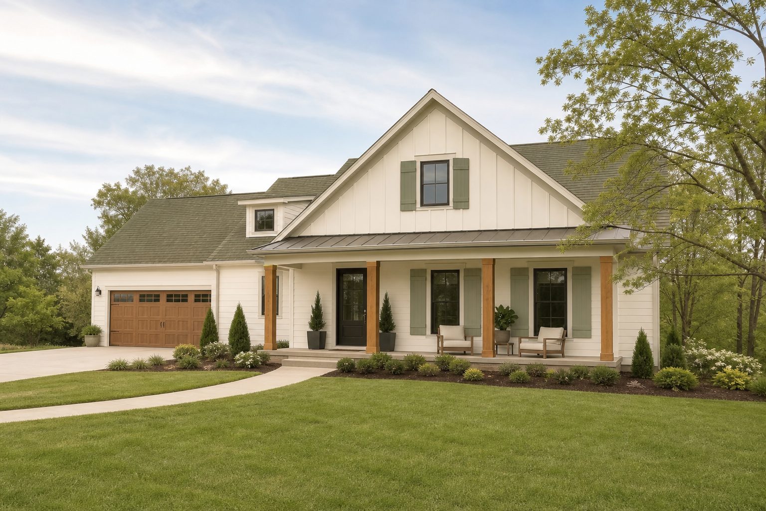 A wide, tidy house exterior with freshly painted siding and trim